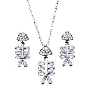 925 Sterling Silver Fishbone Baguette Clear CZ Earring and Pendant Set